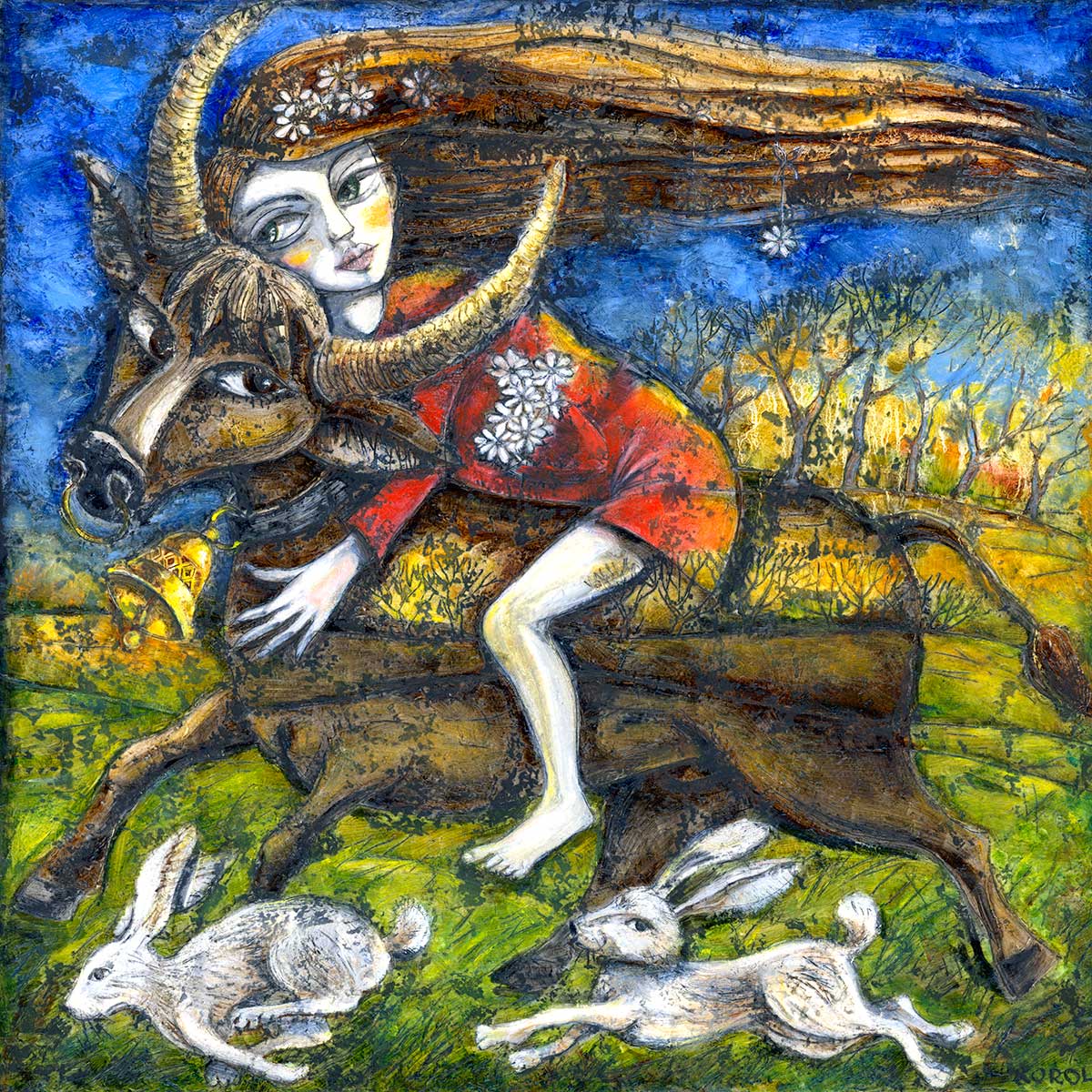 Girl riding a bull with white rabbits running beside in blue, yellow, green and gold