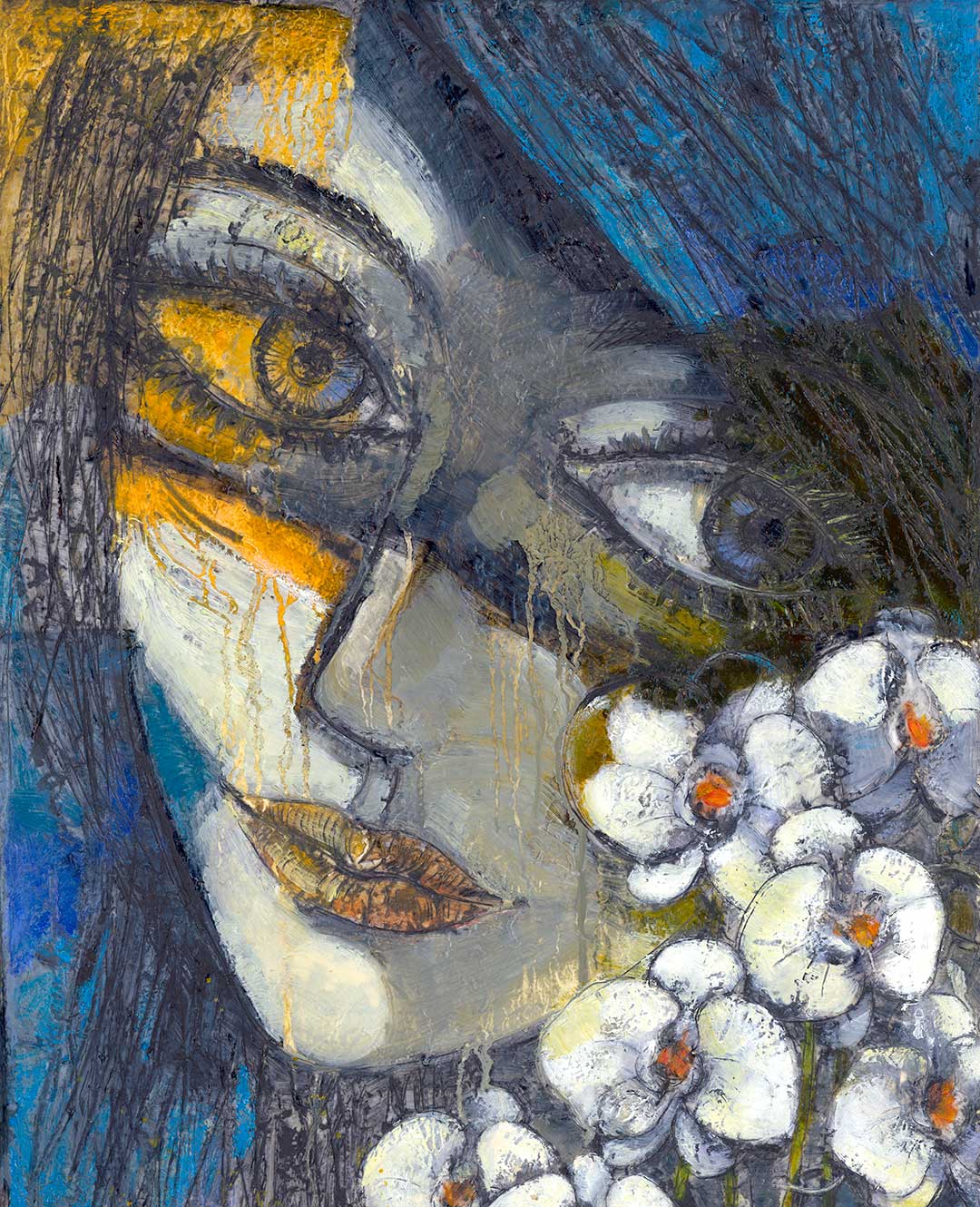 Girl bathed in blue and yellow with white orchids