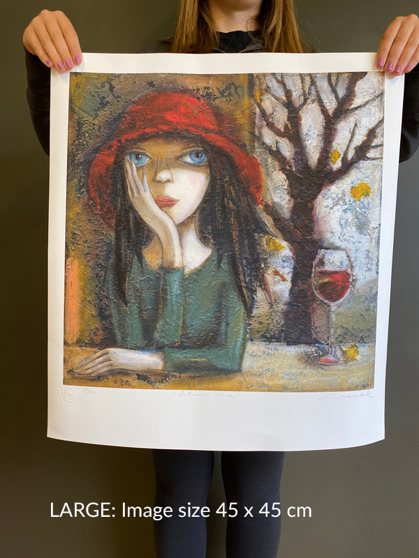Original painting by Irish Ukrainian artist living in Inchicore, Dublin, Ireland. Large size fine art print  showing a girl with a glass of red wine sitting staring out with big blue eyes. Wearing a red hat.